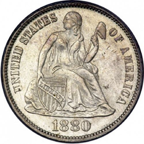 10 cent Obverse Image minted in UNITED STATES in 1880 (Seated Liberty - Obverse legende (Arrows at date removed))  - The Coin Database