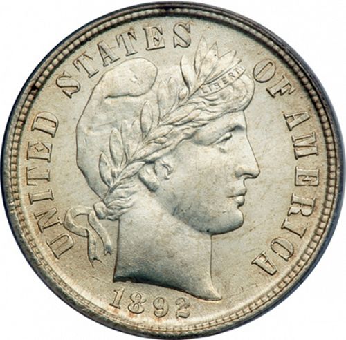 10 cent Obverse Image minted in UNITED STATES in 1892S (Barber)  - The Coin Database