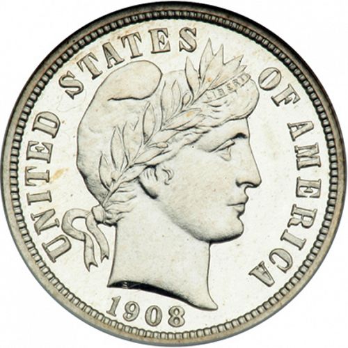 10 cent Obverse Image minted in UNITED STATES in 1908 (Barber)  - The Coin Database