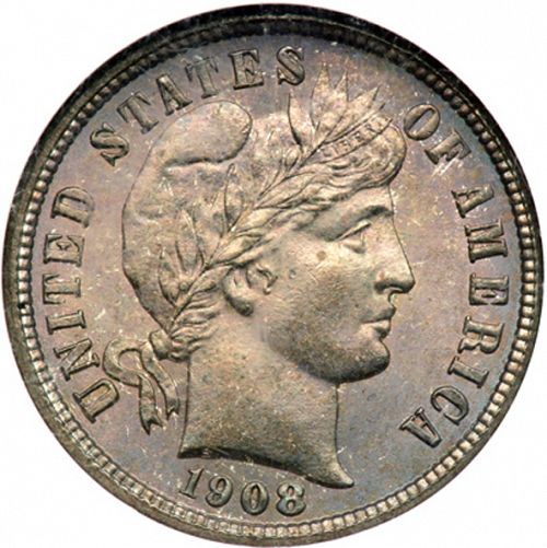10 cent Obverse Image minted in UNITED STATES in 1908D (Barber)  - The Coin Database