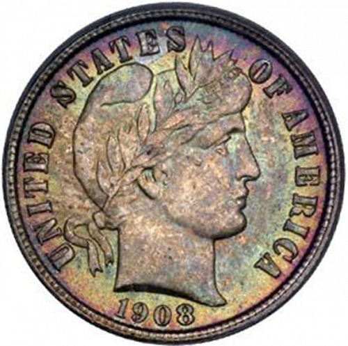 10 cent Obverse Image minted in UNITED STATES in 1908S (Barber)  - The Coin Database