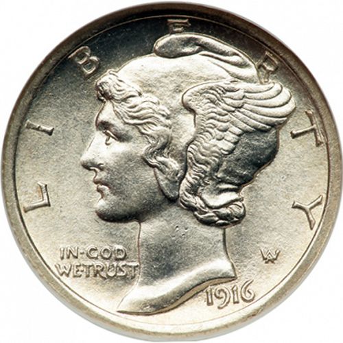 10 cent Obverse Image minted in UNITED STATES in 1916D (Mercury)  - The Coin Database