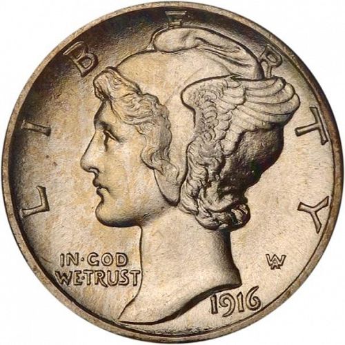 10 cent Obverse Image minted in UNITED STATES in 1916S (Mercury)  - The Coin Database
