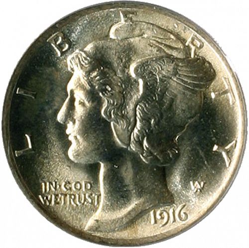 10 cent Obverse Image minted in UNITED STATES in 1916 (Mercury)  - The Coin Database