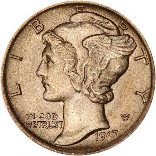 10 cent Obverse Image minted in UNITED STATES in 1917 (Mercury)  - The Coin Database