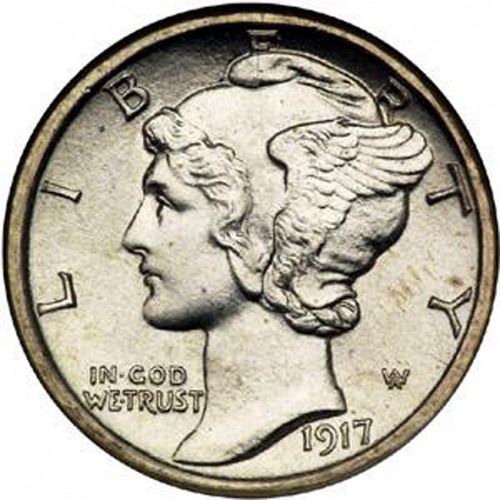 10 cent Obverse Image minted in UNITED STATES in 1917S (Mercury)  - The Coin Database