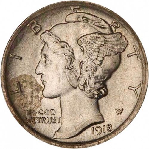 10 cent Obverse Image minted in UNITED STATES in 1918 (Mercury)  - The Coin Database