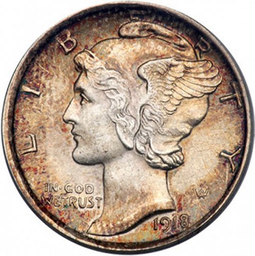 10 cent Obverse Image minted in UNITED STATES in 1918D (Mercury)  - The Coin Database