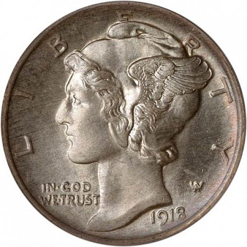 10 cent Obverse Image minted in UNITED STATES in 1918S (Mercury)  - The Coin Database