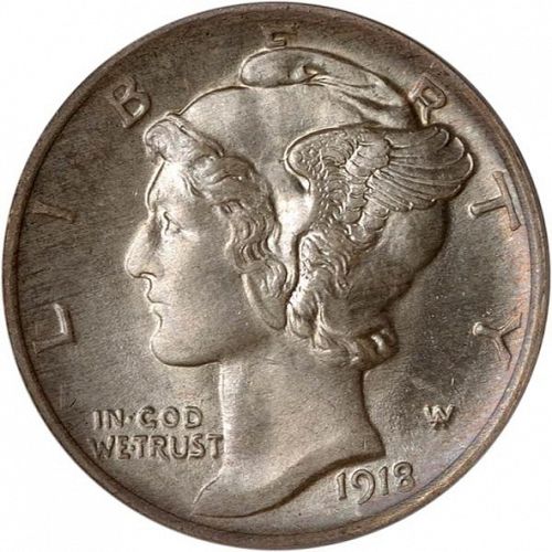 10 cent Obverse Image minted in UNITED STATES in 1918S (Mercury)  - The Coin Database