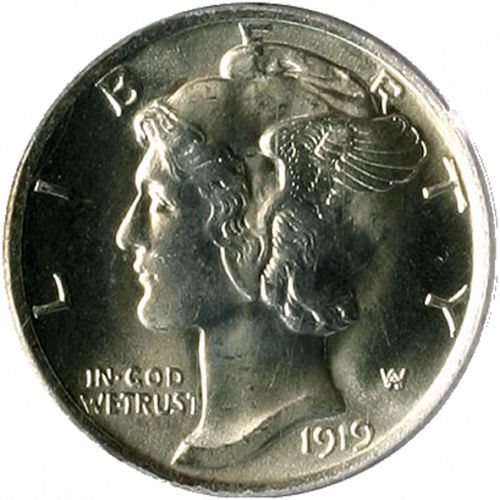 10 cent Obverse Image minted in UNITED STATES in 1919 (Mercury)  - The Coin Database