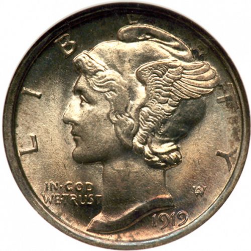 10 cent Obverse Image minted in UNITED STATES in 1919D (Mercury)  - The Coin Database