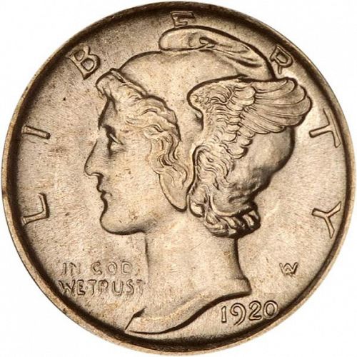 10 cent Obverse Image minted in UNITED STATES in 1920 (Mercury)  - The Coin Database