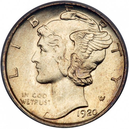 10 cent Obverse Image minted in UNITED STATES in 1920D (Mercury)  - The Coin Database