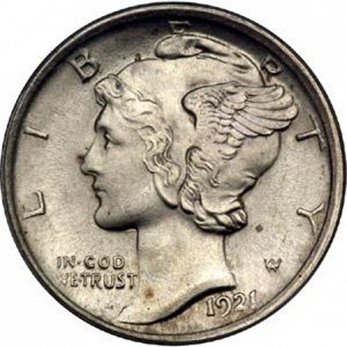 10 cent Obverse Image minted in UNITED STATES in 1921 (Mercury)  - The Coin Database