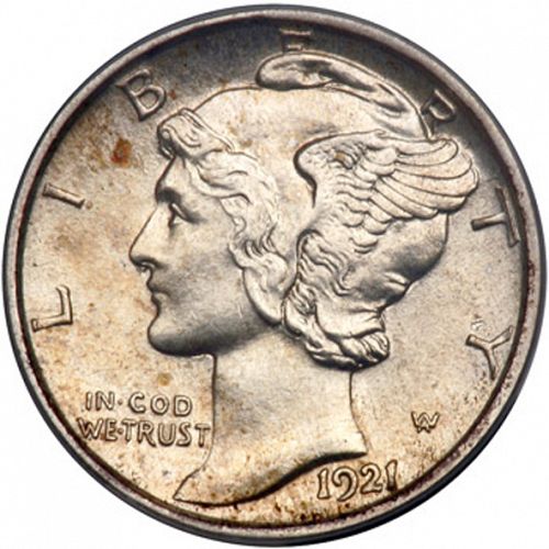 10 cent Obverse Image minted in UNITED STATES in 1921D (Mercury)  - The Coin Database