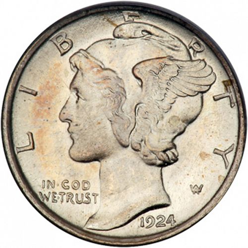 10 cent Obverse Image minted in UNITED STATES in 1924 (Mercury)  - The Coin Database