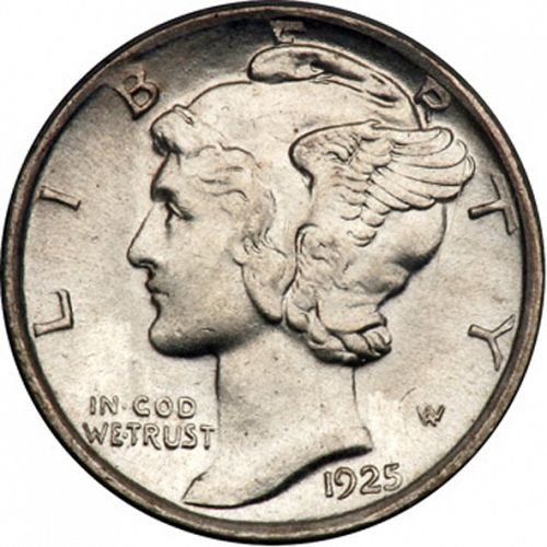 10 cent Obverse Image minted in UNITED STATES in 1925D (Mercury)  - The Coin Database
