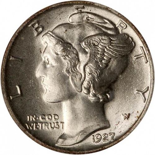 10 cent Obverse Image minted in UNITED STATES in 1927 (Mercury)  - The Coin Database