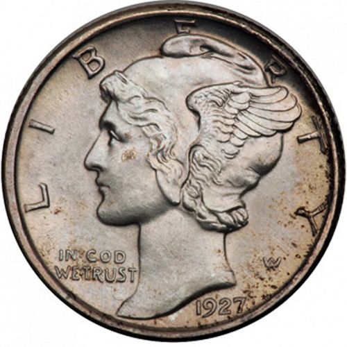 10 cent Obverse Image minted in UNITED STATES in 1927D (Mercury)  - The Coin Database