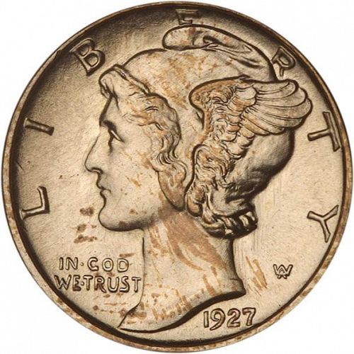 10 cent Obverse Image minted in UNITED STATES in 1927S (Mercury)  - The Coin Database
