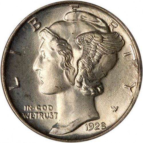 10 cent Obverse Image minted in UNITED STATES in 1928 (Mercury)  - The Coin Database