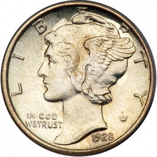 10 cent Obverse Image minted in UNITED STATES in 1928S (Mercury)  - The Coin Database