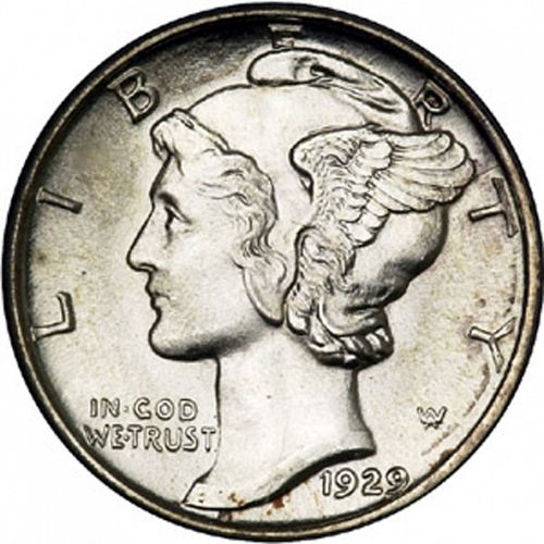 10 cent Obverse Image minted in UNITED STATES in 1929 (Mercury)  - The Coin Database