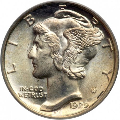 10 cent Obverse Image minted in UNITED STATES in 1929D (Mercury)  - The Coin Database