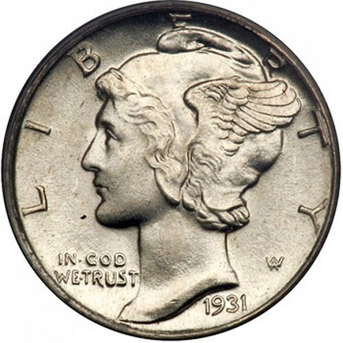 10 cent Obverse Image minted in UNITED STATES in 1931D (Mercury)  - The Coin Database