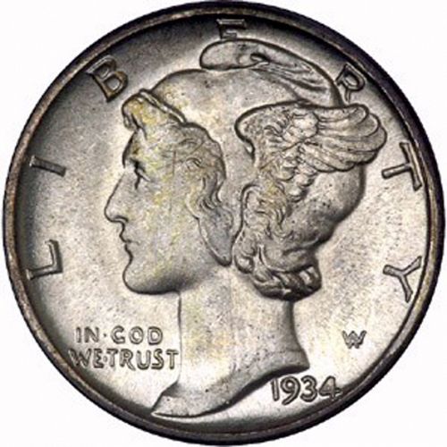 10 cent Obverse Image minted in UNITED STATES in 1934D (Mercury)  - The Coin Database