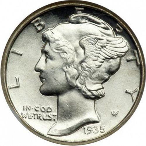 10 cent Obverse Image minted in UNITED STATES in 1935 (Mercury)  - The Coin Database