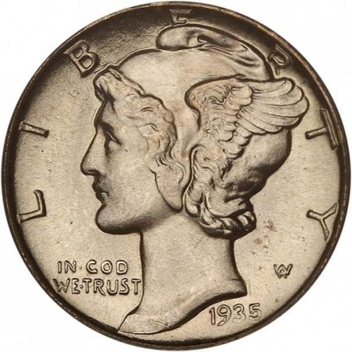 10 cent Obverse Image minted in UNITED STATES in 1935D (Mercury)  - The Coin Database