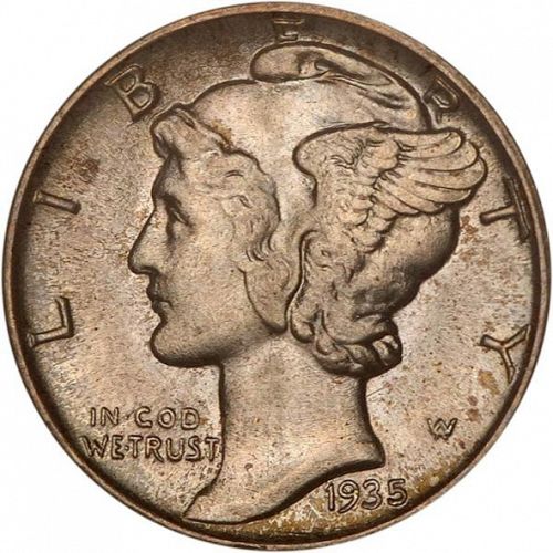 10 cent Obverse Image minted in UNITED STATES in 1935S (Mercury)  - The Coin Database