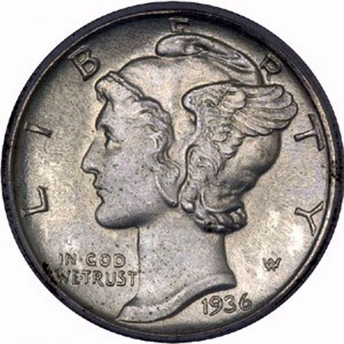 10 cent Obverse Image minted in UNITED STATES in 1936 (Mercury)  - The Coin Database