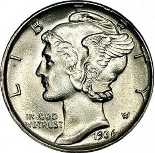 10 cent Obverse Image minted in UNITED STATES in 1936D (Mercury)  - The Coin Database