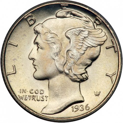 10 cent Obverse Image minted in UNITED STATES in 1936S (Mercury)  - The Coin Database