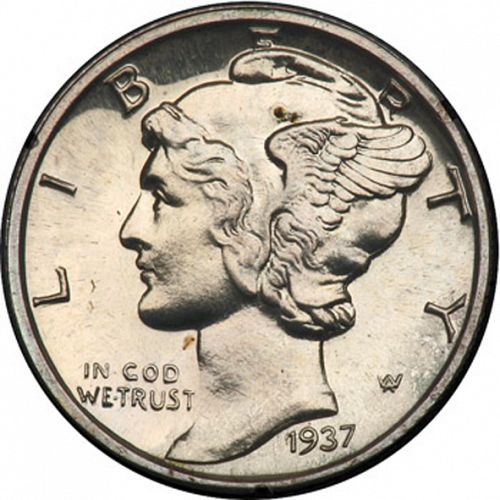 10 cent Obverse Image minted in UNITED STATES in 1937 (Mercury)  - The Coin Database