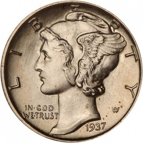 10 cent Obverse Image minted in UNITED STATES in 1937S (Mercury)  - The Coin Database