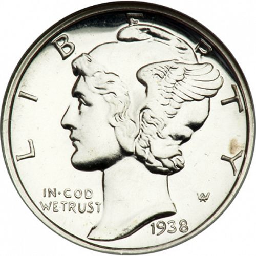 10 cent Obverse Image minted in UNITED STATES in 1938 (Mercury)  - The Coin Database