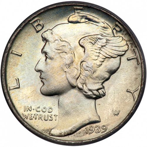 10 cent Obverse Image minted in UNITED STATES in 1939 (Mercury)  - The Coin Database
