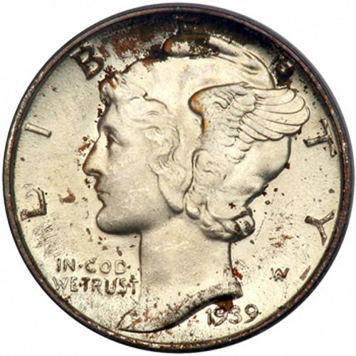 10 cent Obverse Image minted in UNITED STATES in 1939D (Mercury)  - The Coin Database