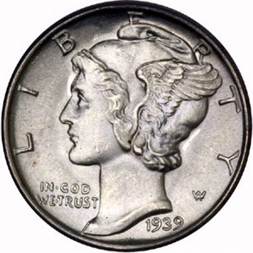 10 cent Obverse Image minted in UNITED STATES in 1939S (Mercury)  - The Coin Database