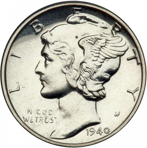 10 cent Obverse Image minted in UNITED STATES in 1940 (Mercury)  - The Coin Database