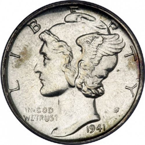 10 cent Obverse Image minted in UNITED STATES in 1941 (Mercury)  - The Coin Database