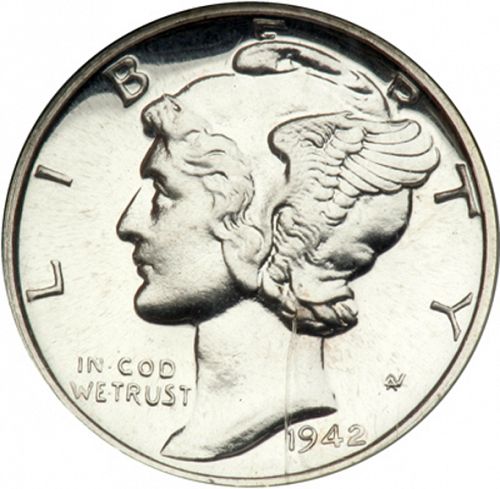 10 cent Obverse Image minted in UNITED STATES in 1942 (Mercury)  - The Coin Database