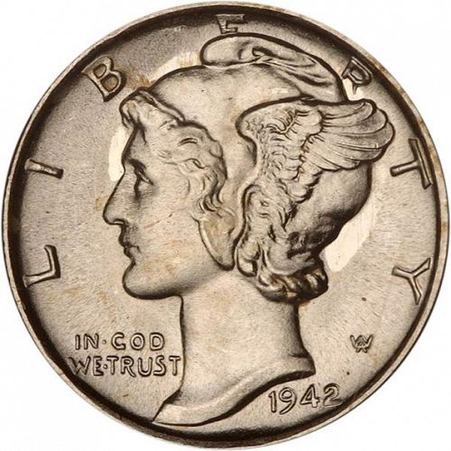 10 cent Obverse Image minted in UNITED STATES in 1942S (Mercury)  - The Coin Database