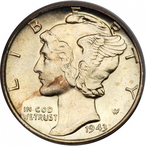 10 cent Obverse Image minted in UNITED STATES in 1943D (Mercury)  - The Coin Database
