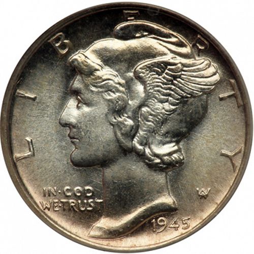 10 cent Obverse Image minted in UNITED STATES in 1945 (Mercury)  - The Coin Database