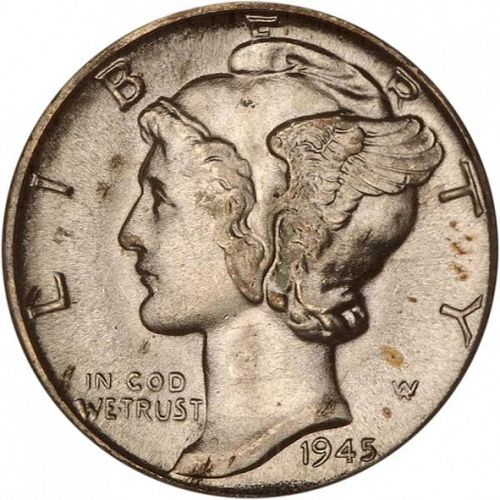 10 cent Obverse Image minted in UNITED STATES in 1945D (Mercury)  - The Coin Database